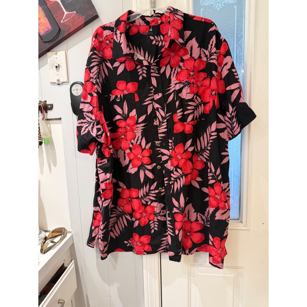 KingSize Mens 2XL Big Tropical Floral Linen Rayon Button Down Shirt Black Red